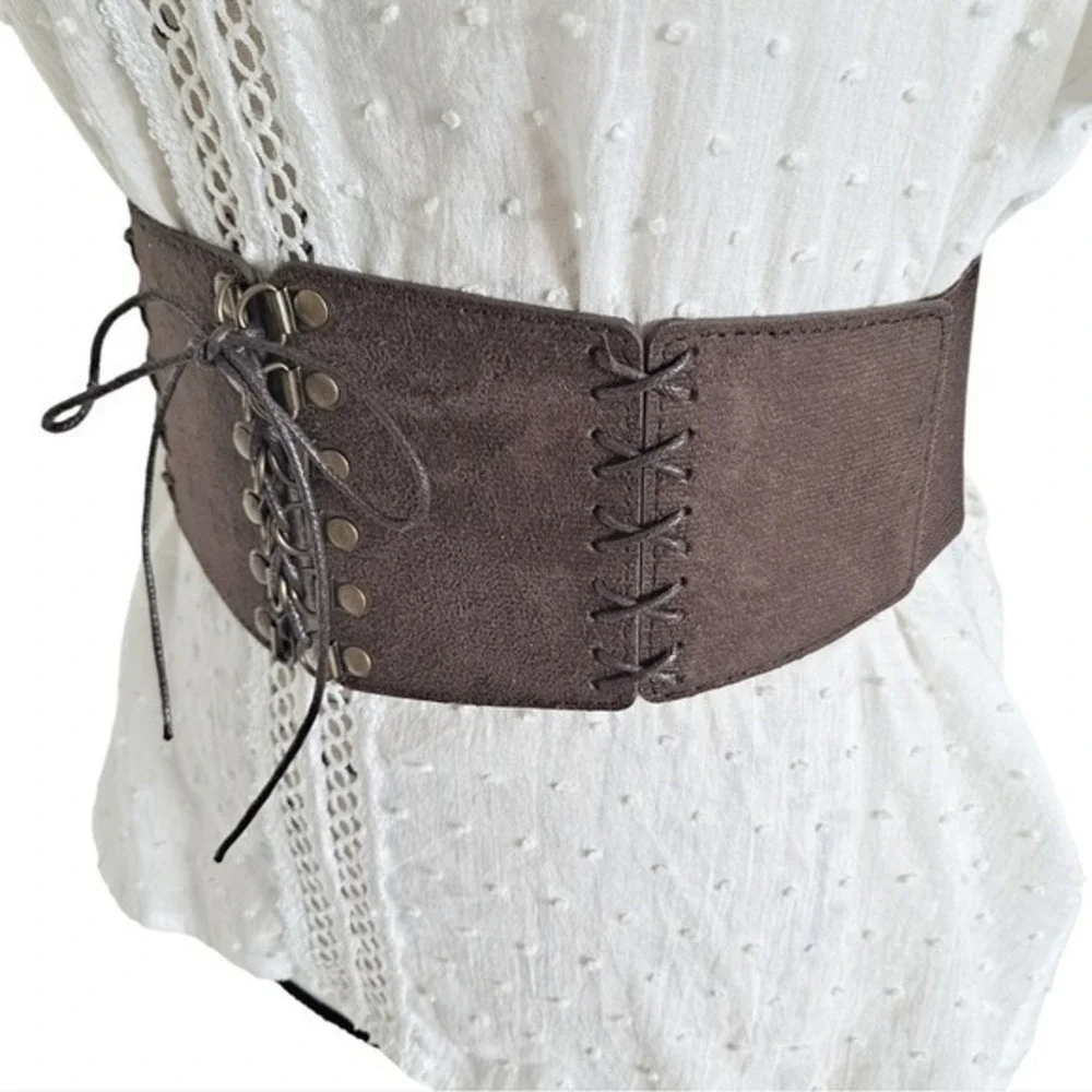 Western wide waist faux suede corset belt L/ XL dark brown boho lace up stretch